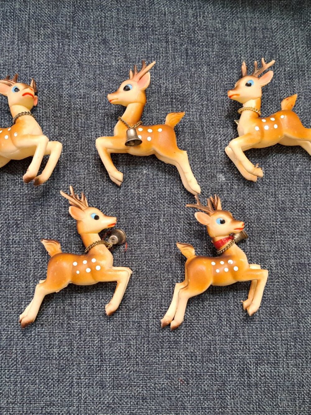 5 VINTAGE CHRISTMAS REINDEER VINYL STAMPED JAPAN DECORATIONS W BELLS